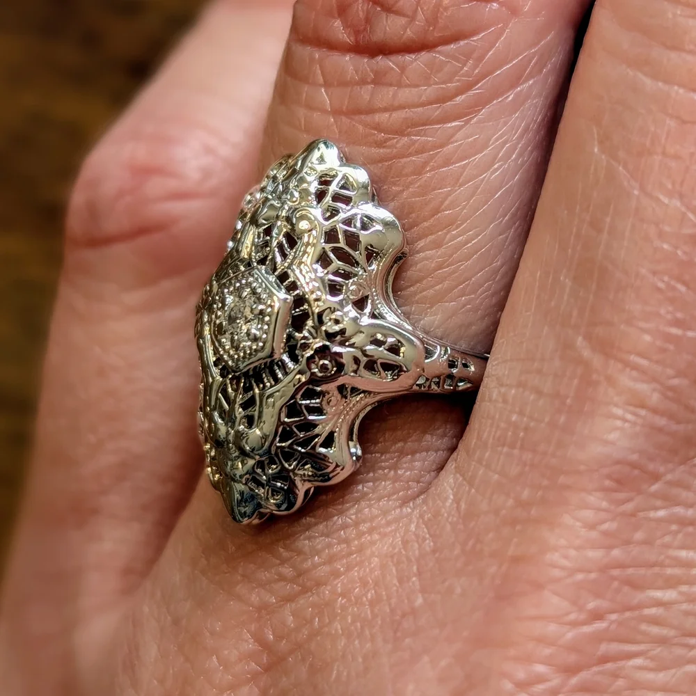 Art Deco Inspired Diamond Filigree Cocktail Ring in 14k White Gold Size 4 - Picture 3 of 6